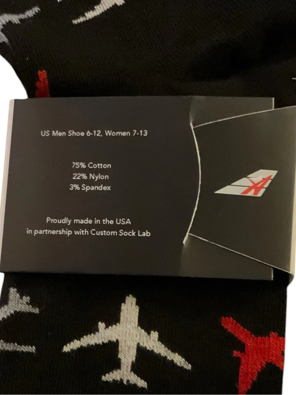 Men's Black Crew Socks with Red & White Airplane Pattern NWT